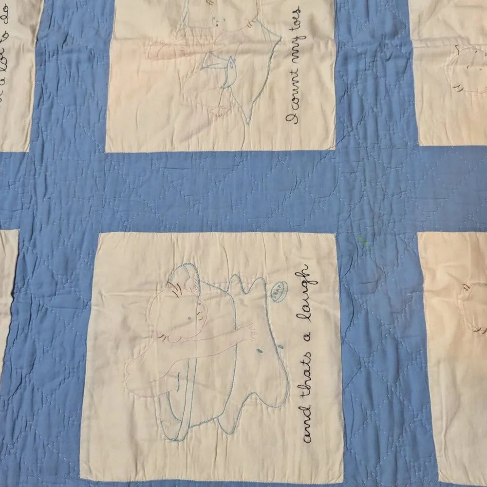 Vintage Embroidered Baby Blue & White Crib Blanket 